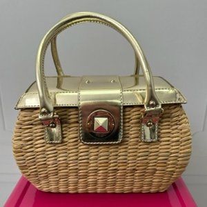 Kate Spade Natural Wicker & Gold Leather Picnic Basket Handbag